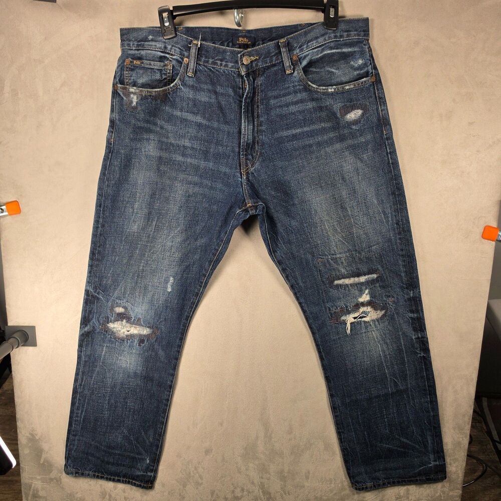 Polo Ralph Lauren Classic Fit Jeans Mens 38x32 Distressed Ripped Patched Blue